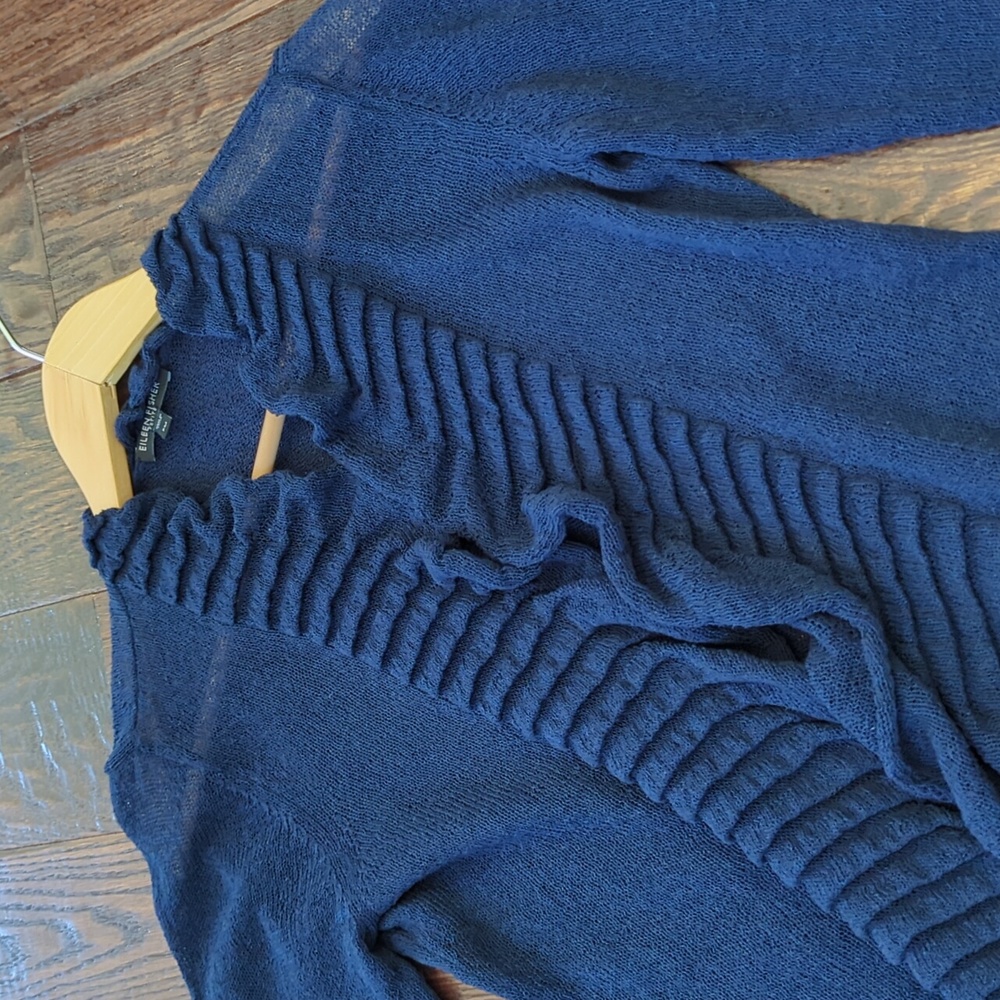EILEEN FISHER I Navy Blue Linen Blend Lightweight Ruffle Open-Front Cardigan, M